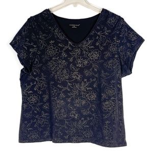 Black V-Neck Short Sleeved Knit Top with Gold Floral Print, Cotton Blend